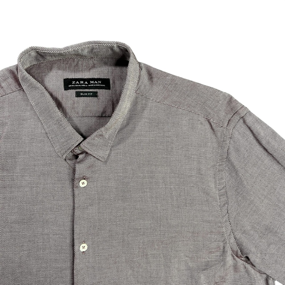 Zara Man Men's XL Slim Fit Burgundy Micro Texture Button Down Long Sleeve Shirt